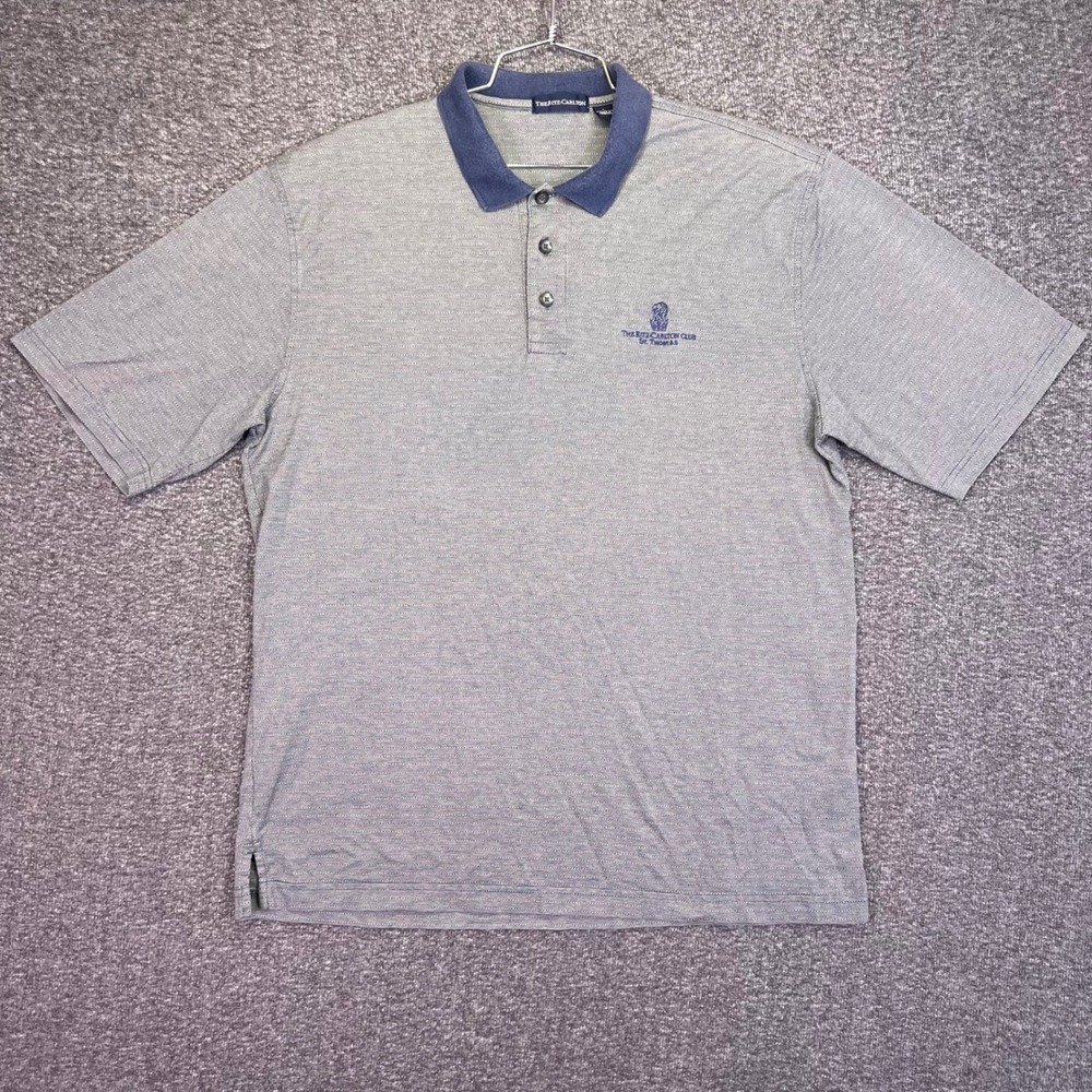 Ritz Carlton Polo Shirt Mens L Blue Striped St Thomas Resort Golf‎ Short Sleeve